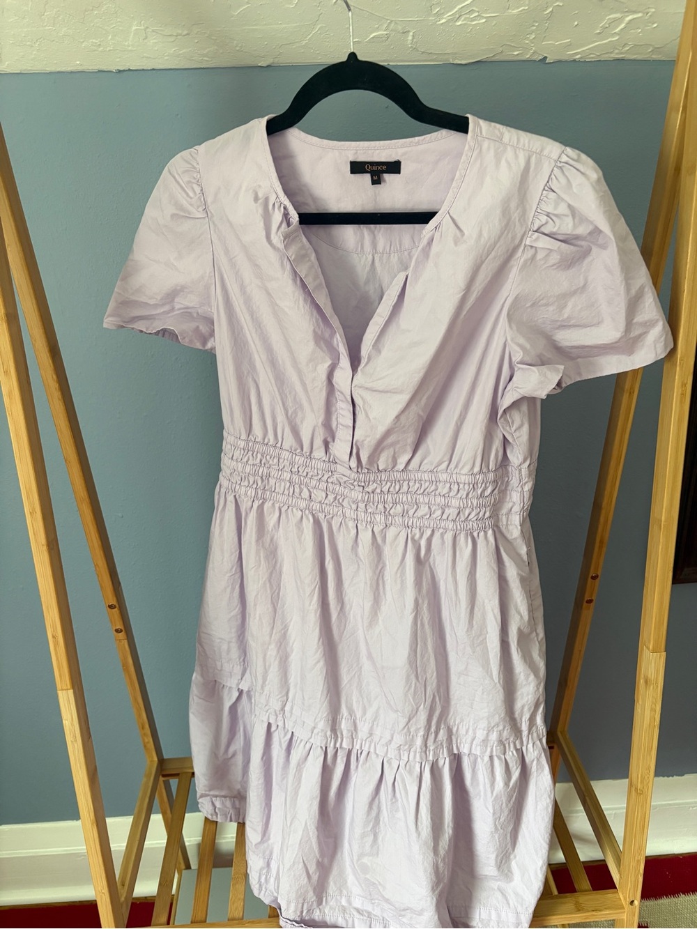 Quince Soft Lavender Cotton V-Neck Smocked Mini Dress